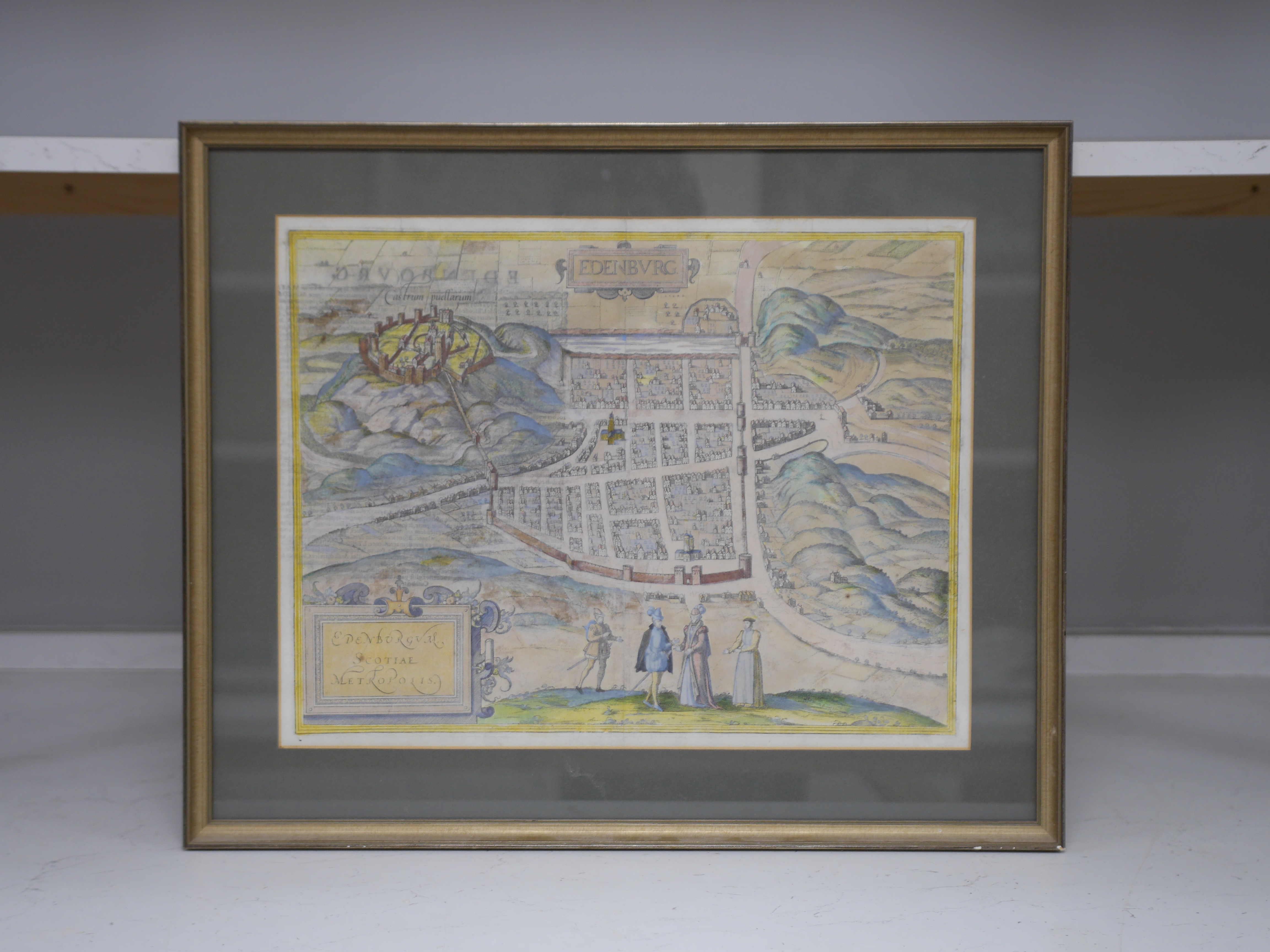 Georg Braun (1541-1622) & Franz Hogenberg (c.1538-1590), a coloured engraved map of Edinburgh or Edenburg (sic), text verso, 36 x 47cm. Condition - fair